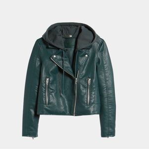 BLANKNYC Vegan leather biker jacket with detachable hood
